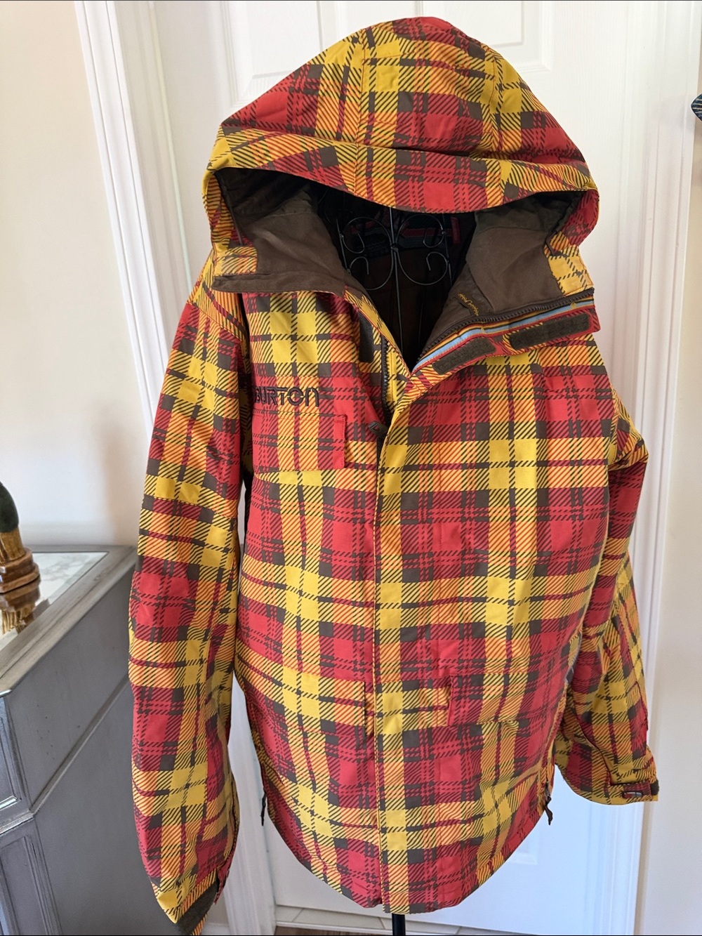 Burton Red and Yellow Plaid Hooded Snow Jacket